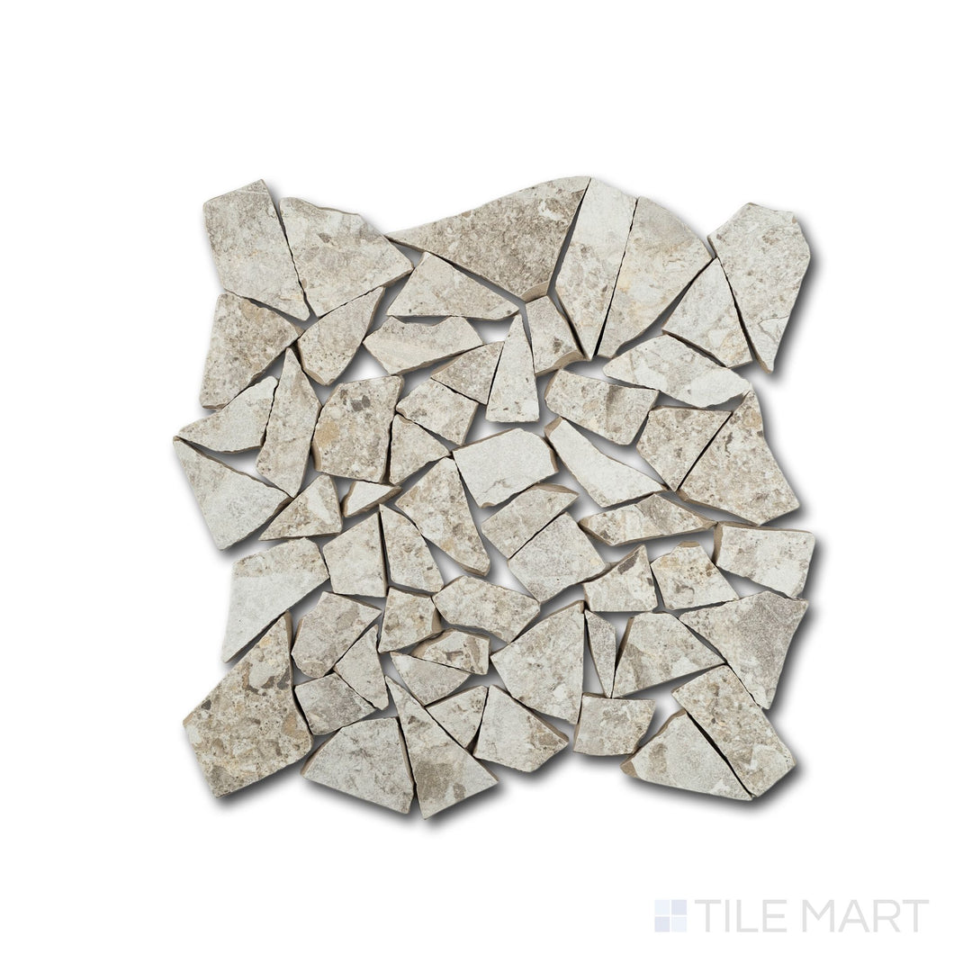 Detail of Frammenta White Palladiana matte porcelain mosaic showcasing irregular stone pattern