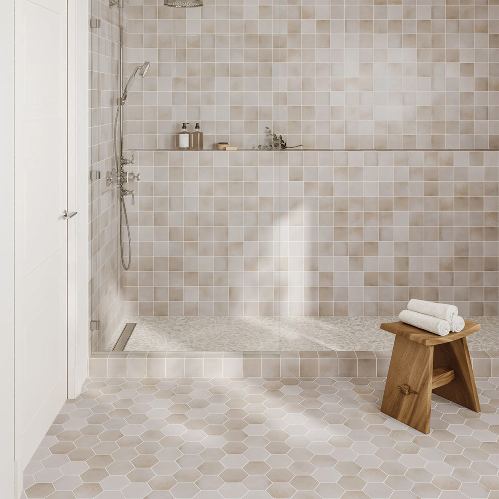 Frammenta Beige Palladiana mosaic styled in a refined interior with warm tones and irregular fragments