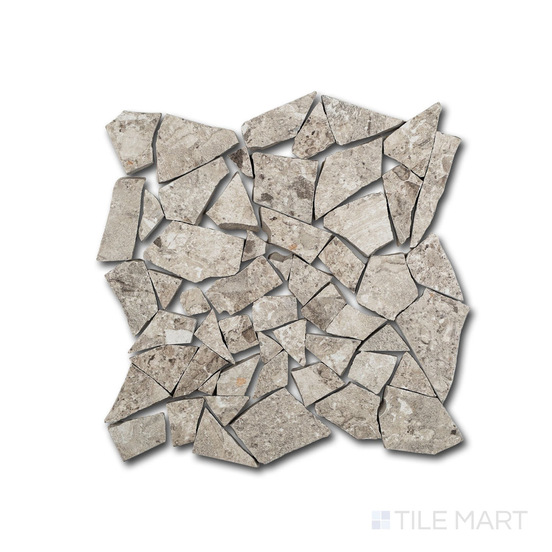 Close-up of Frammenta Light Grey Palladiana mosaic with dynamic terrazzo-style variation