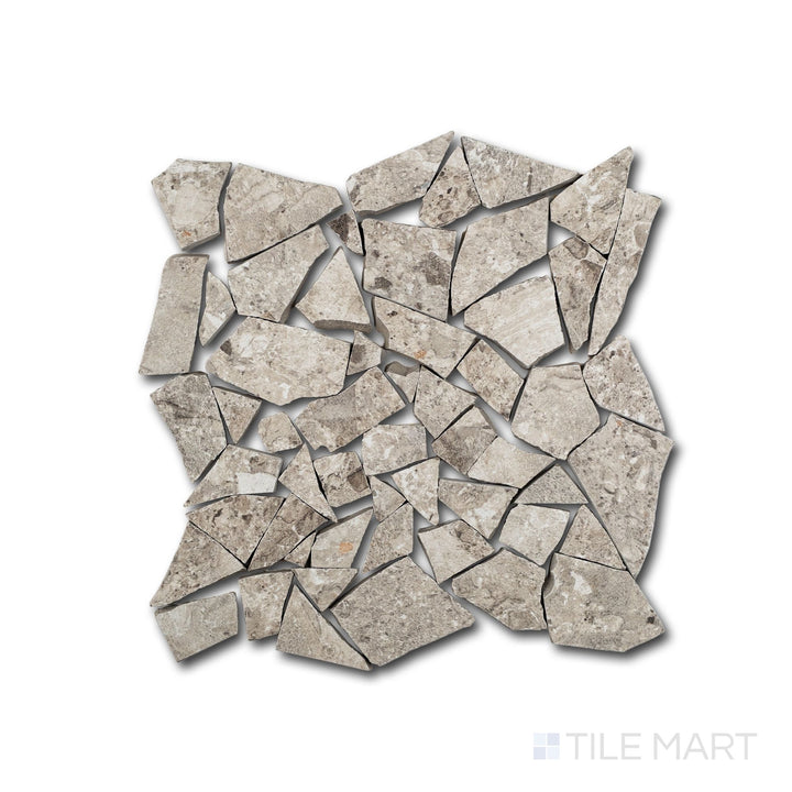 Close-up of Frammenta Light Grey Palladiana mosaic with dynamic terrazzo-style variation