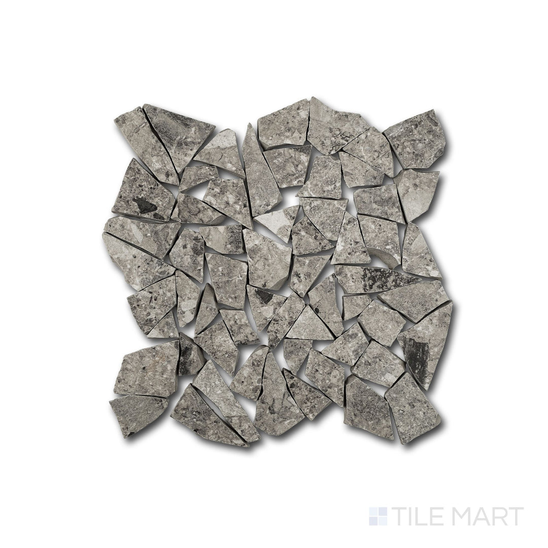 Full-sheet view of Frammenta Dark Grey Palladiana mosaic revealing angular fragments and depth