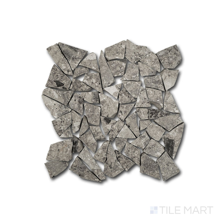 Full-sheet view of Frammenta Dark Grey Palladiana mosaic revealing angular fragments and depth