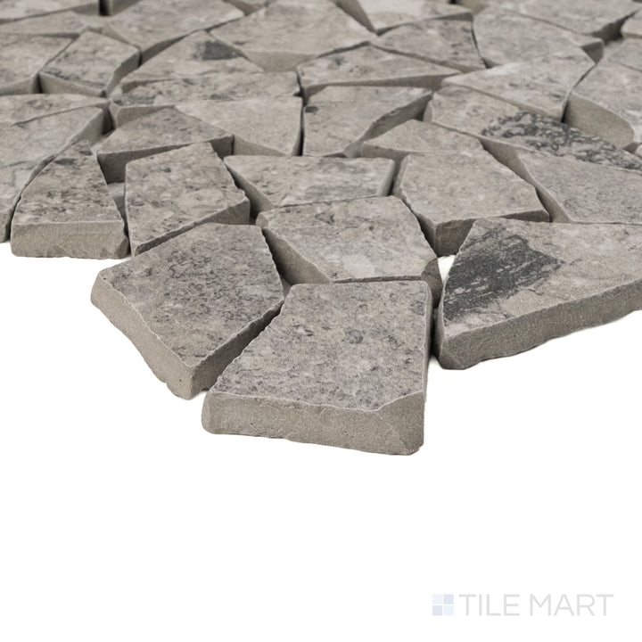 Frammenta Dark Grey Palladiana mosaic in corner view showcasing dramatic contrast and layered fragments