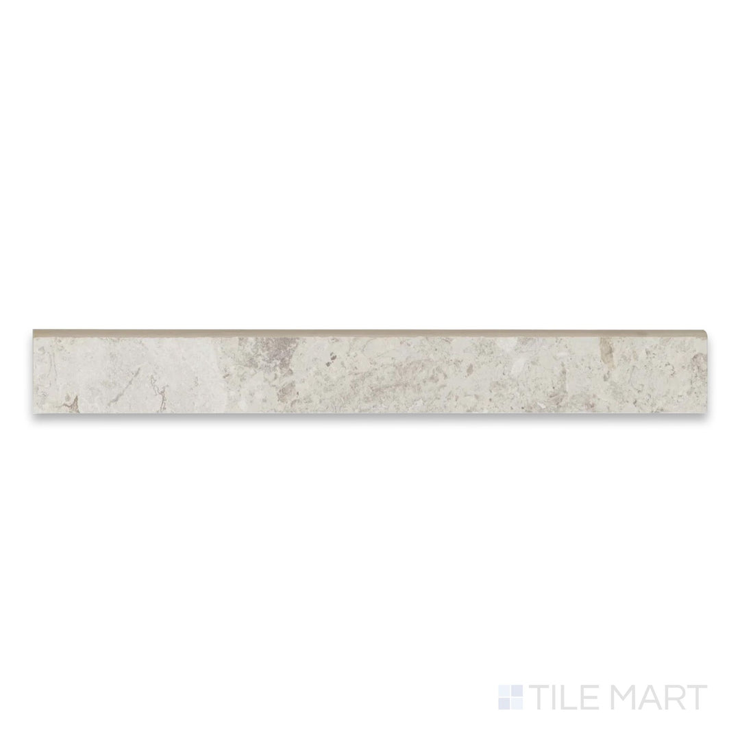 Detail of Frammenta White 3x24 matte porcelain bullnose showing rounded edge profile