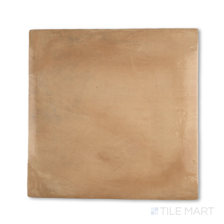 Overhead view of Cotto Nature Cerdena 14x14 gloss porcelain tile, highlighting a reflective surface with warm, clay-inspired tones and traditional character.