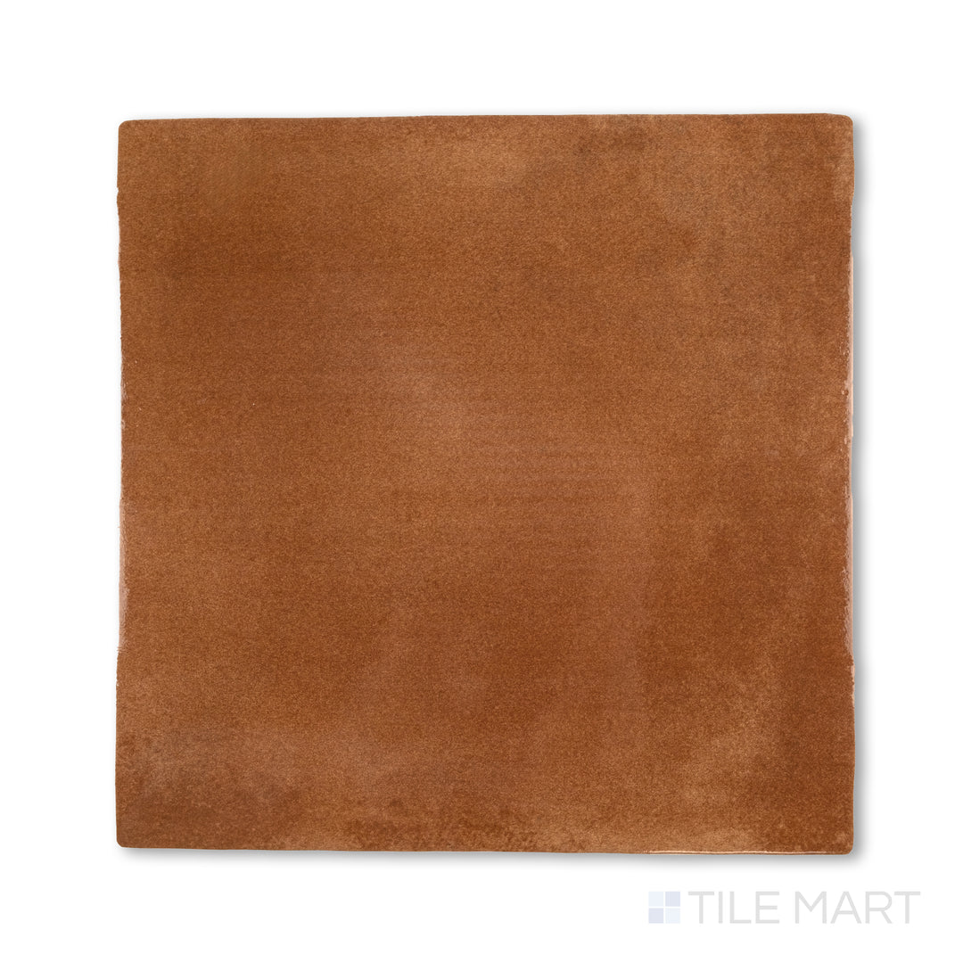 Top-down image of Cotto Nature Sicilia 14x14 gloss porcelain tile, emphasizing rich brown-red tones and a glossy finish that enhances depth.