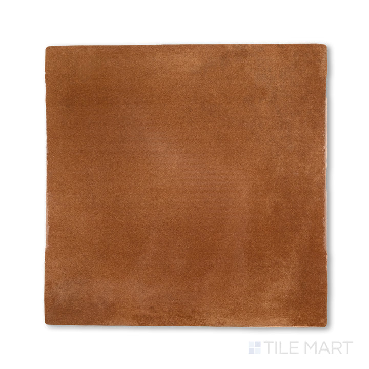 Top-down image of Cotto Nature Sicilia 14x14 gloss porcelain tile, emphasizing rich brown-red tones and a glossy finish that enhances depth.