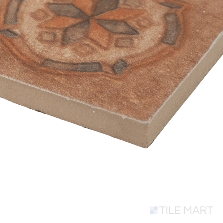 Corner close-up of Cotto Nature Tira Sandro 3x3 deco hand-painted gloss porcelain dot showing artisan texture and glaze.