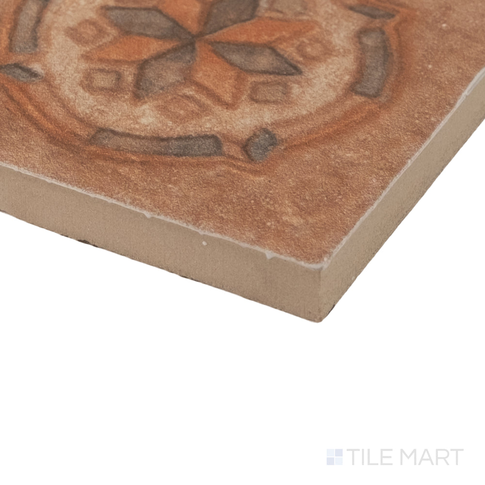 Corner close-up of Cotto Nature Tira Sandro 3x3 deco hand-painted gloss porcelain dot showing artisan texture and glaze.