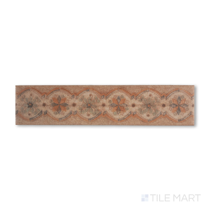 Overhead image of Cotto Nature Tira Sandro 3x14 gloss porcelain liner, featuring an elongated, hand-painted floral design with vintage Mediterranean charm.