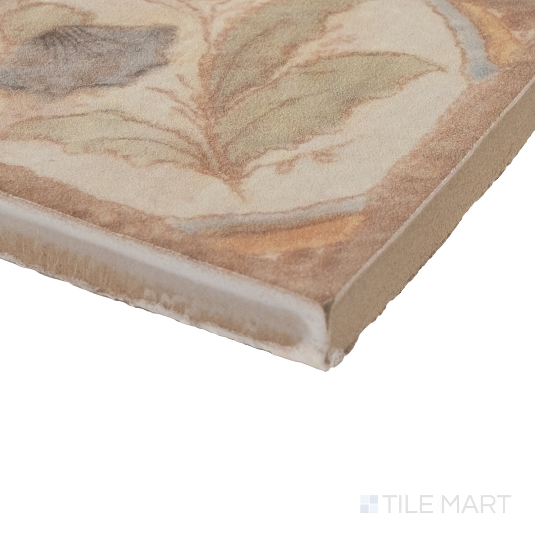 Corner view of Cotto Nature Tira Versilia 3x3 deco hand-painted gloss porcelain dot showing intricate glaze and fine edge.