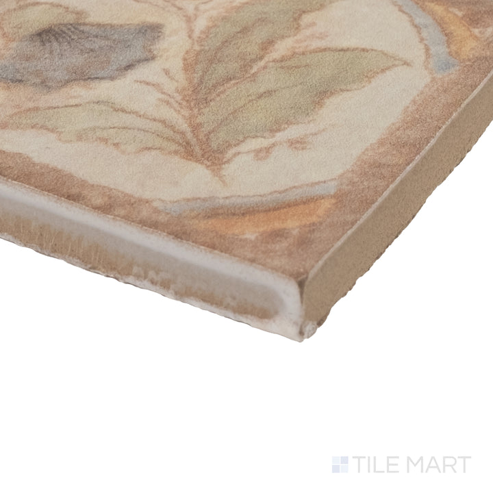 Corner view of Cotto Nature Tira Versilia 3x3 deco hand-painted gloss porcelain dot showing intricate glaze and fine edge.