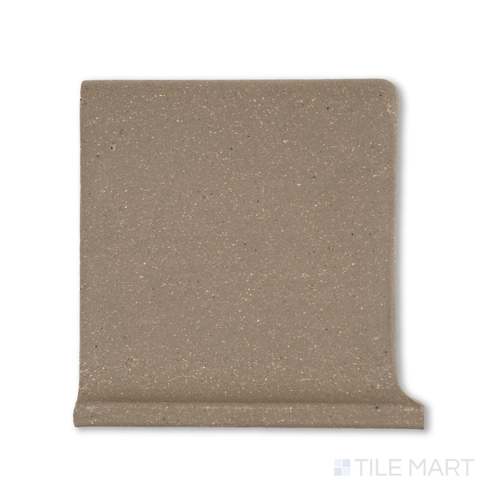 Overhead image of Metropolitan Puritan Gray 6x6 honed quarry cove base left corner, featuring a neutral gray with a curved left-side return for wall junctions.