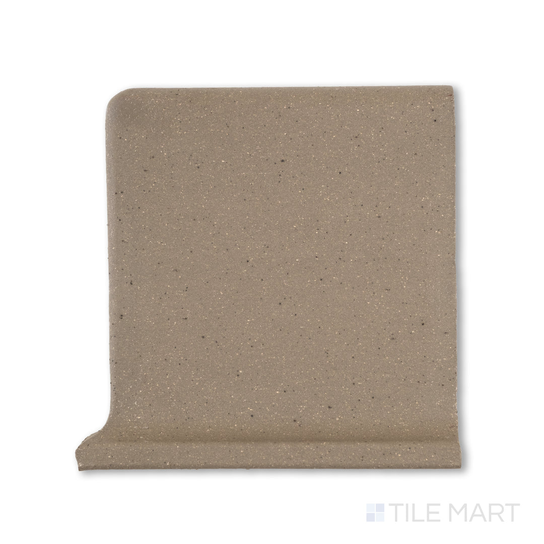Overhead view of Metropolitan Puritan Gray 6x6 honed quarry cove base right corner tile, with a soft gray tone and a rounded edge for end-wall transitions.