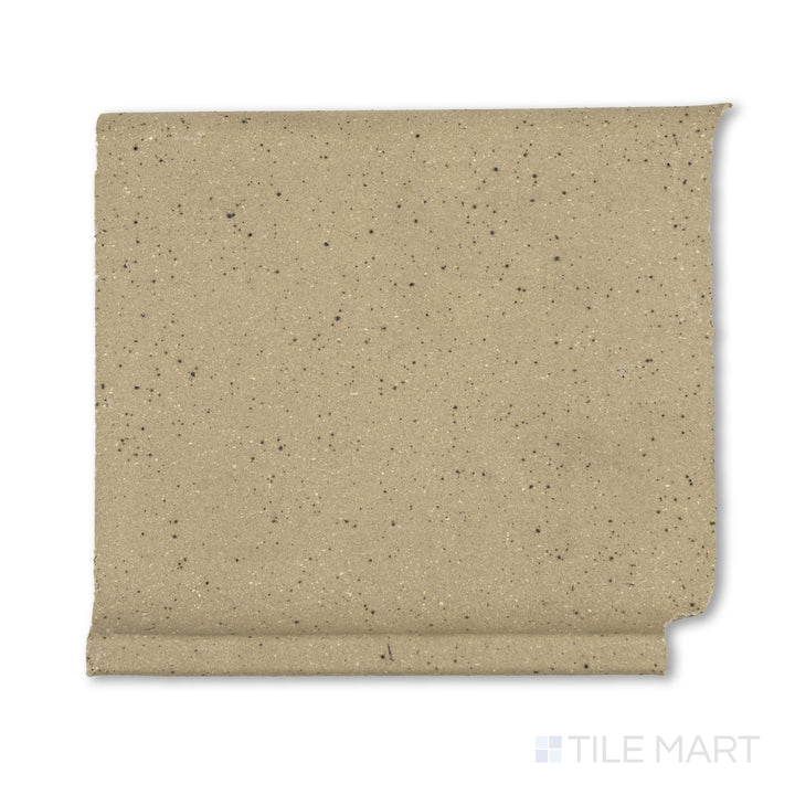 Flat-lay view of Metropolitan Buckskin 6x6 honed quarry cove base inside corner, presenting a brown-toned interior junction tile with a curved return.