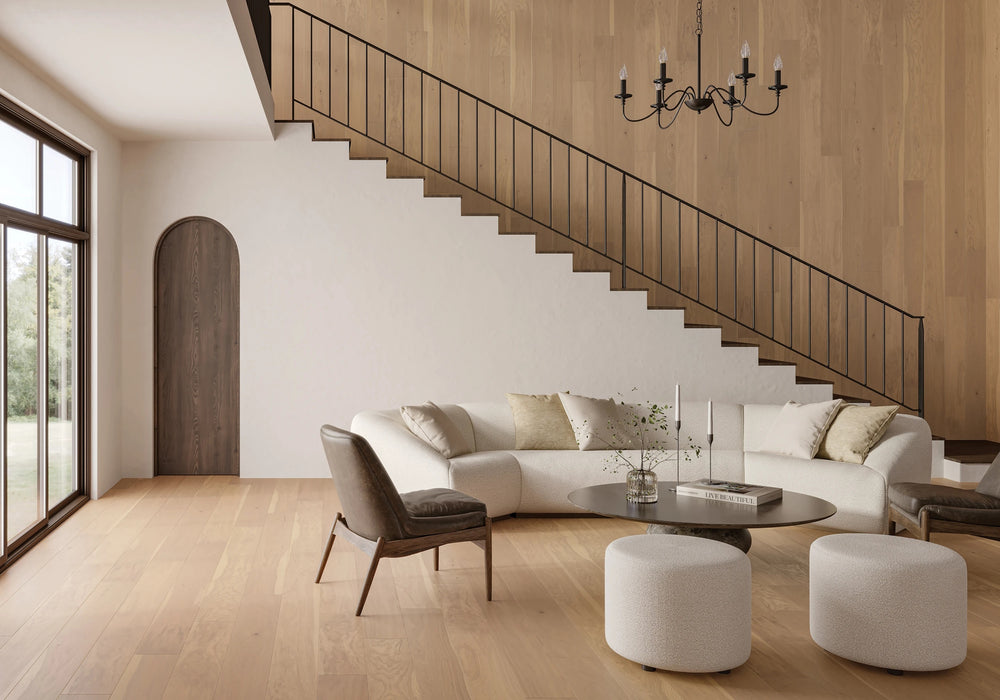 Bordeaux Margaux Engineered Hardwood featured in a modern space, showcasing smooth texture and warm wood variation.