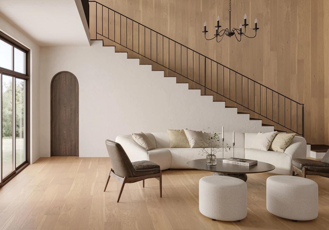 Bordeaux Margaux Engineered Hardwood featured in a modern space, showcasing smooth texture and warm wood variation.