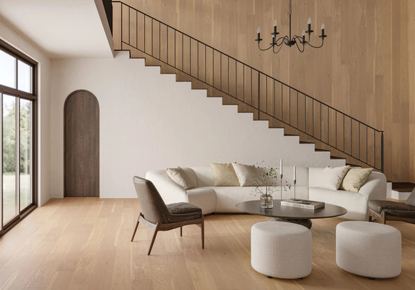 Bordeaux Margaux Engineered Hardwood featured in a modern space, showcasing smooth texture and warm wood variation.
