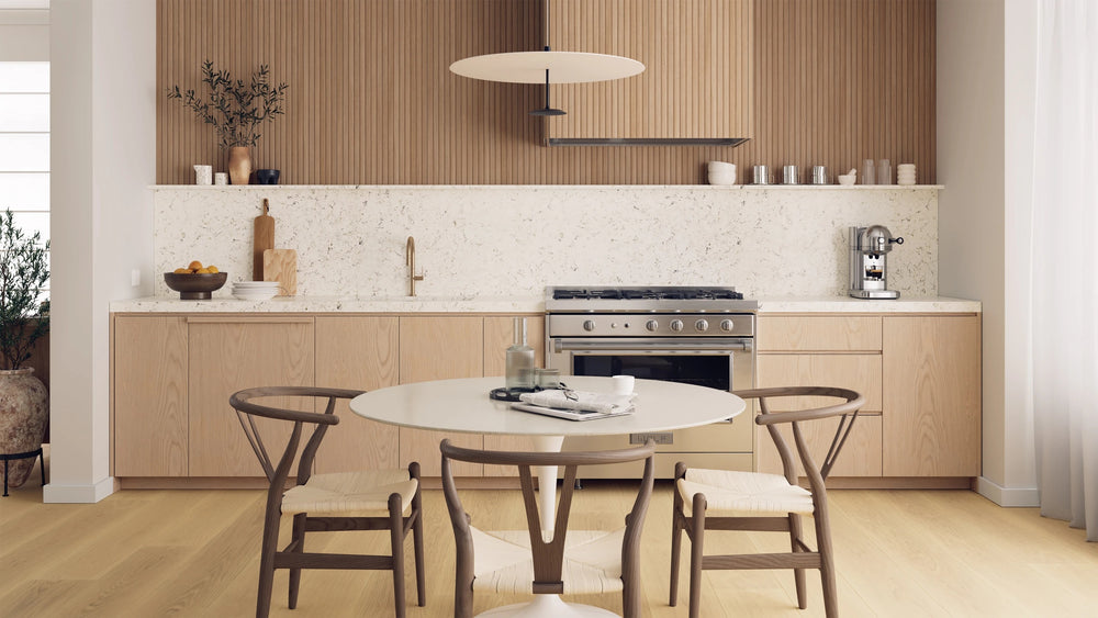 Maison Deux Engineered Hardwood shown in a modern interior, emphasizing soft neutral tone and smooth finish.