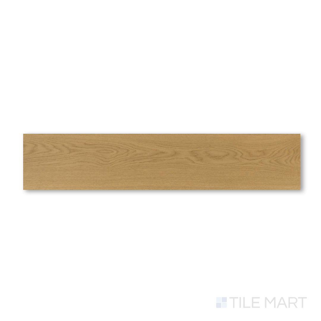 Flat-lay photo of Maison Trois 9.5x87 engineered hardwood plank in a golden brown hue, featuring distinct knots and wide plank styling.