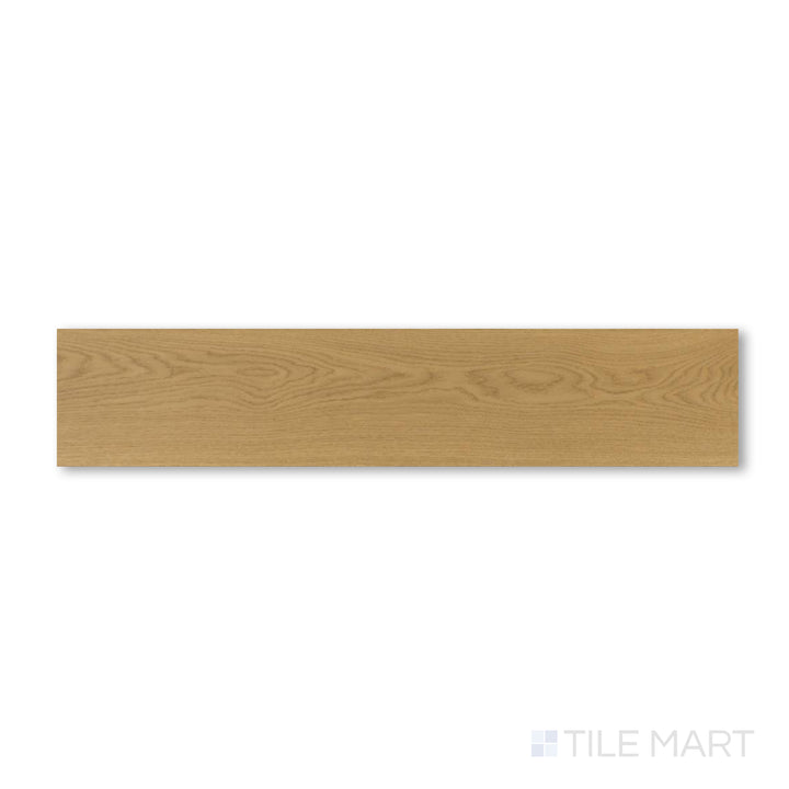 Flat-lay photo of Maison Trois 9.5x87 engineered hardwood plank in a golden brown hue, featuring distinct knots and wide plank styling.