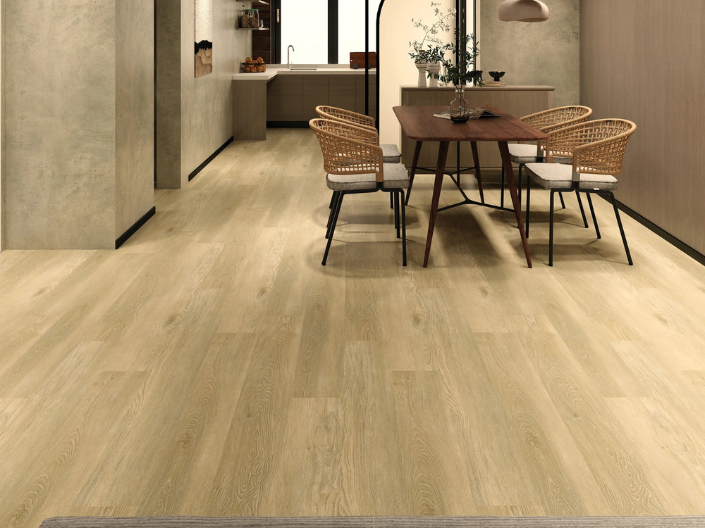 Shorewood Canvas Luxury Vinyl Plank featured in a bright, airy design, showcasing neutral warmth and subtle texture.
