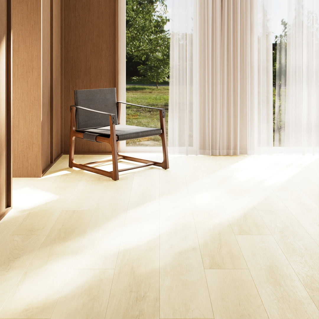 Shorewood Crema Luxury Vinyl Plank presented in a serene space, reflecting light tones and soft modern detail.