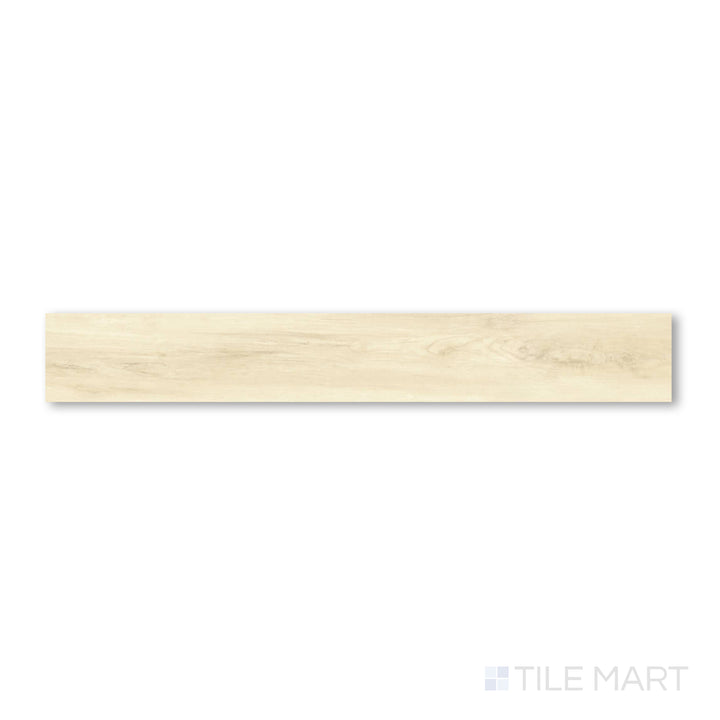 Top-down image of Shorewood Crema 9x60 luxury vinyl plank in a creamy beige tone with soft graining that mimics natural light wood.