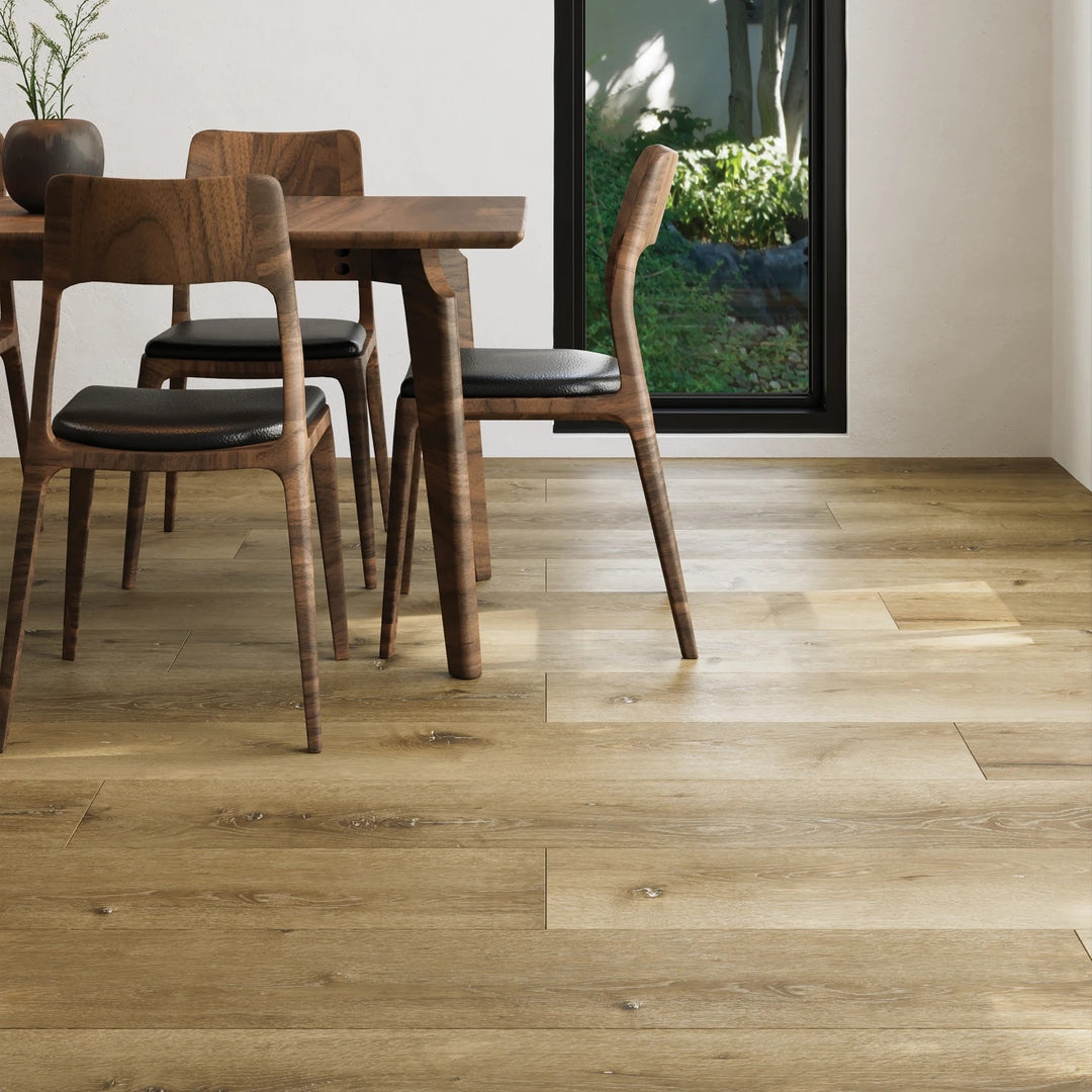 Shorewood Driftwood Luxury Vinyl Plank styled in a contemporary environment, offering weathered character and relaxed appeal.