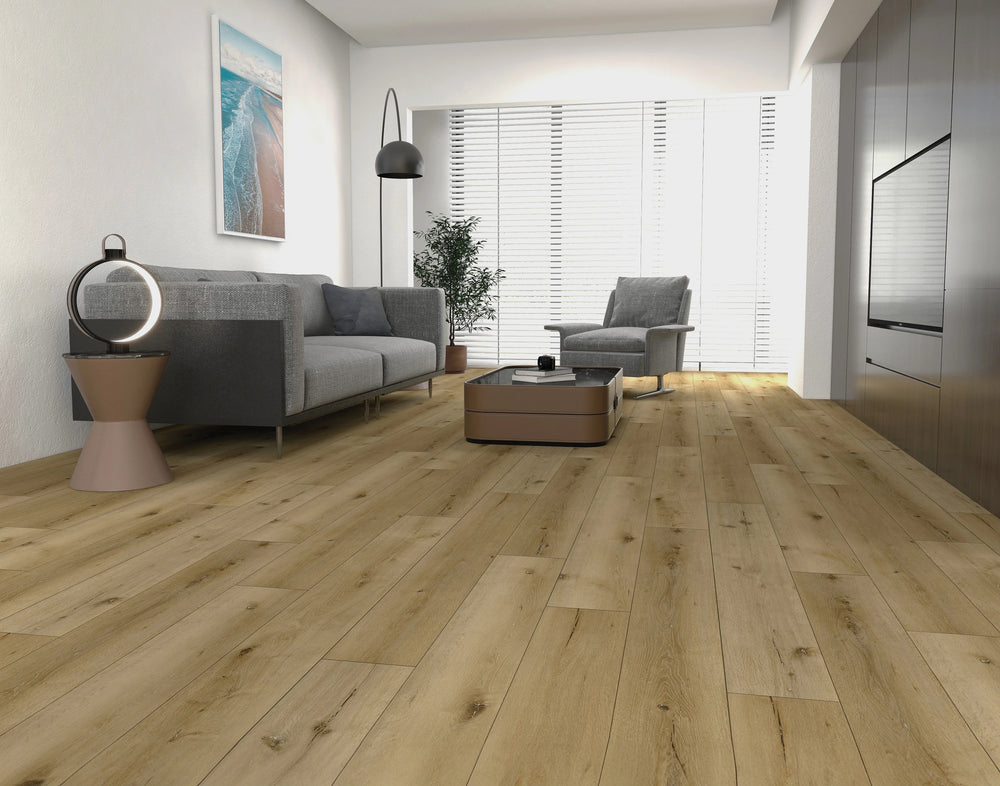 Shorewood Honey Luxury Vinyl Plank shown in a cozy setting, capturing golden warmth and inviting texture.
