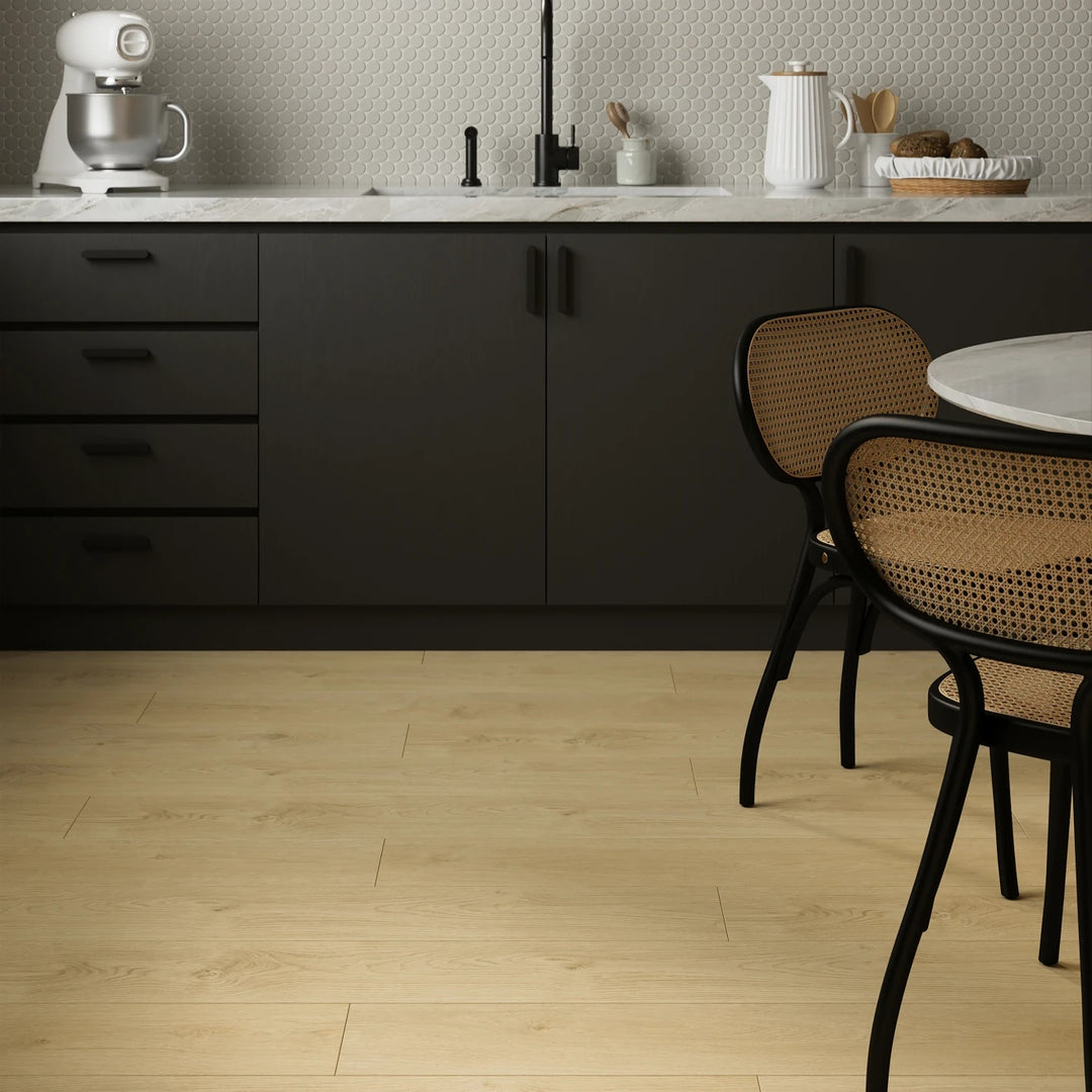 Shorewood Khaki Luxury Vinyl Plank featured in a designed space, balancing earthy tone with modern sophistication.