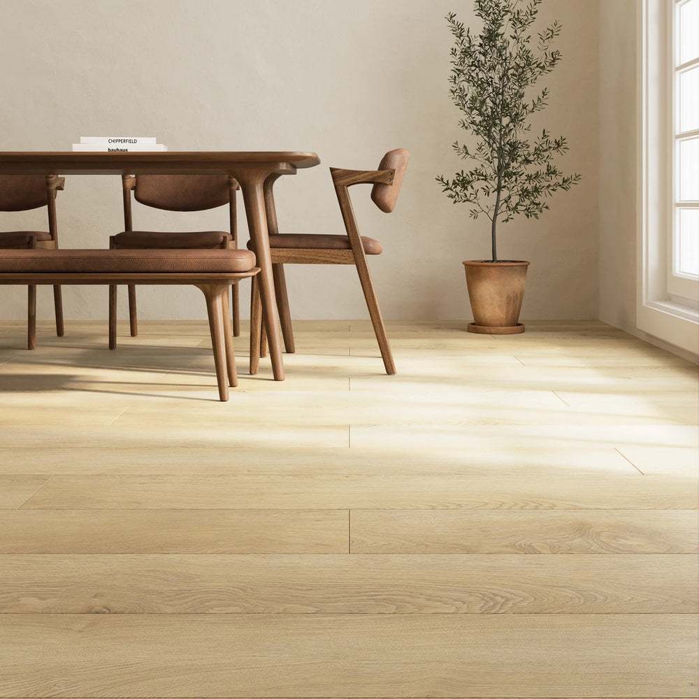 Shorewood Linen Luxury Vinyl Plank displayed in a minimalist scene, emphasizing refined texture and natural harmony.