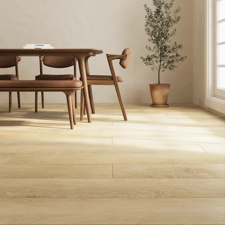 Shorewood Linen Luxury Vinyl Plank displayed in a minimalist scene, emphasizing refined texture and natural harmony.