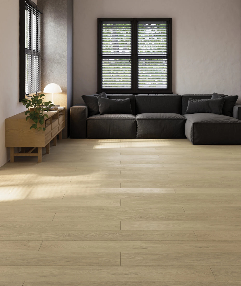 Shorewood Sand Luxury Vinyl Plank featured in a styled setting, radiating light warmth and contemporary simplicity.