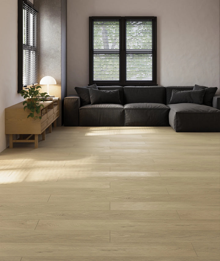 Shorewood Sand Luxury Vinyl Plank featured in a styled setting, radiating light warmth and contemporary simplicity.