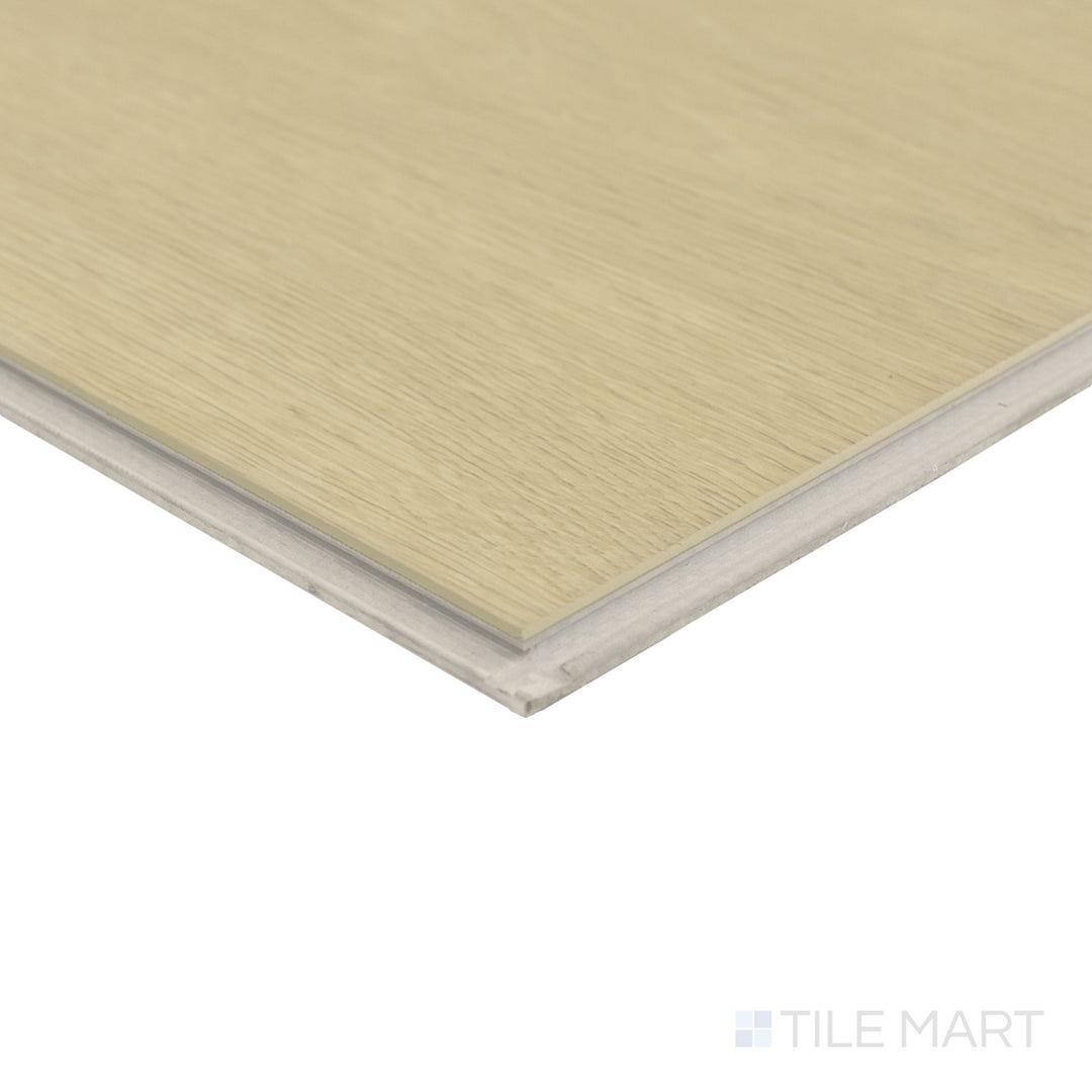 Corner view of Shorewood Sand 9x60 luxury vinyl plank capturing soft beige tone and natural grain movement.