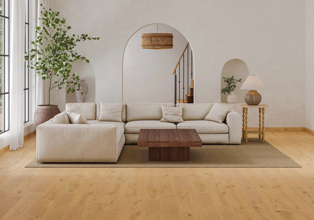 Laguna Beach 9.5x87 engineered hardwood showcased in a breezy, light-toned wood floor layout.