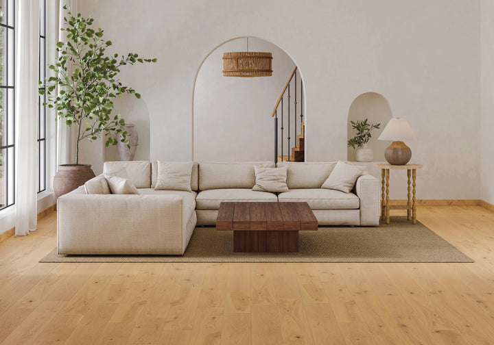 Laguna Beach 9.5x87 engineered hardwood showcased in a breezy, light-toned wood floor layout.