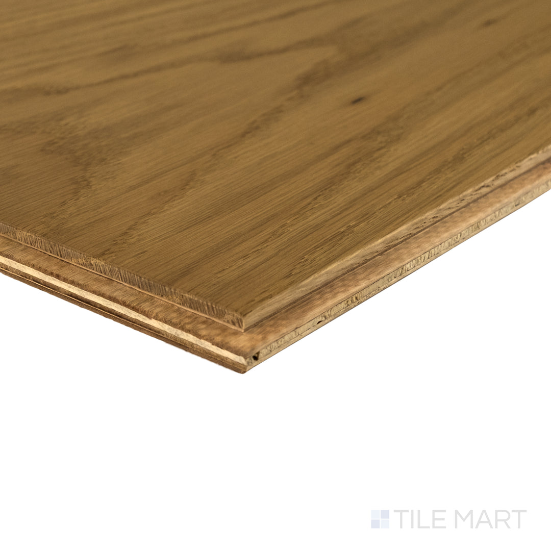 Corner view of Laguna Dune 9.5x87 engineered hardwood capturing sandy tone and fine wood grain variation.