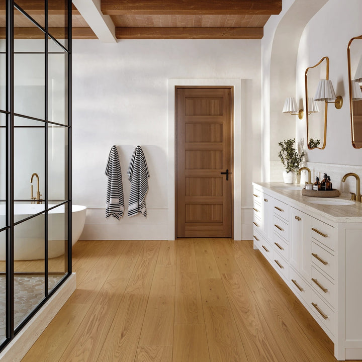 Laguna Sand Engineered Hardwood captured in a styled interior, emphasizing light wood hues and modern simplicity.