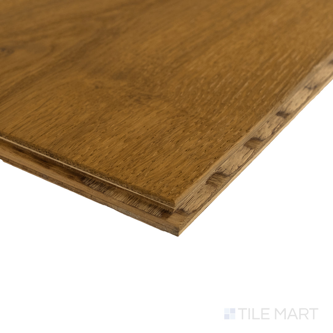 Corner detail of Newport Cove 7.5x75 engineered hardwood highlighting warm neutral hue and fine natural grain.