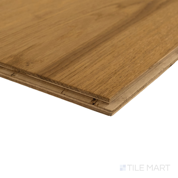 Corner close-up of Newport Driftwood 7.5x75 engineered hardwood capturing weathered gray tone and textured grain detail.