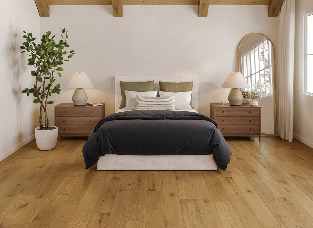 Newport Dune Engineered Hardwood featured in a serene interior, balancing soft grain patterns with effortless elegance.