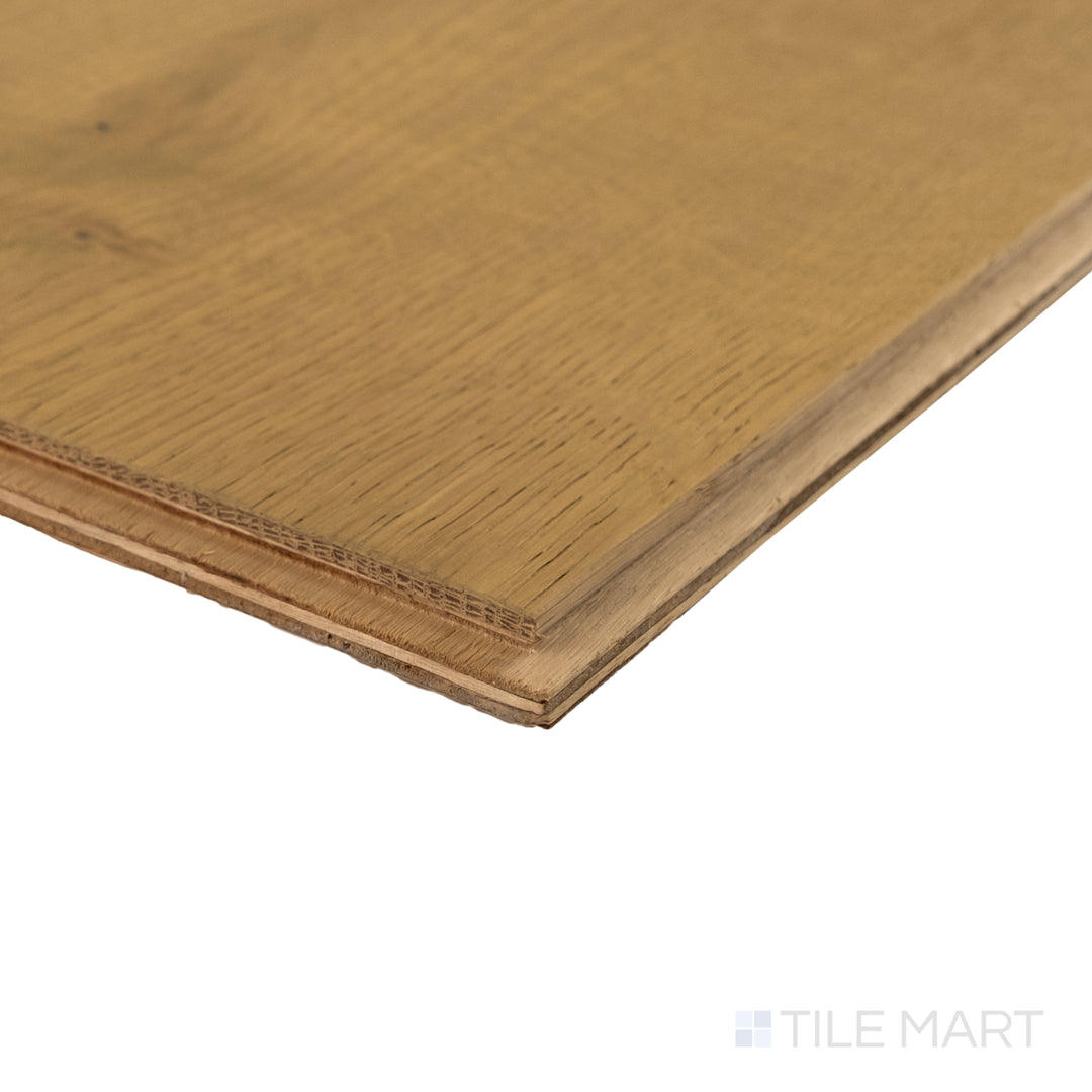 Corner close-up of Newport Sand 7.5x75 engineered hardwood highlighting soft neutral color and smooth surface finish.