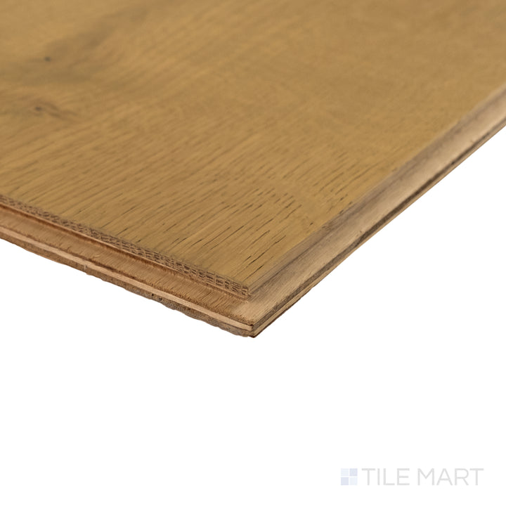 Corner close-up of Newport Sand 7.5x75 engineered hardwood highlighting soft neutral color and smooth surface finish.