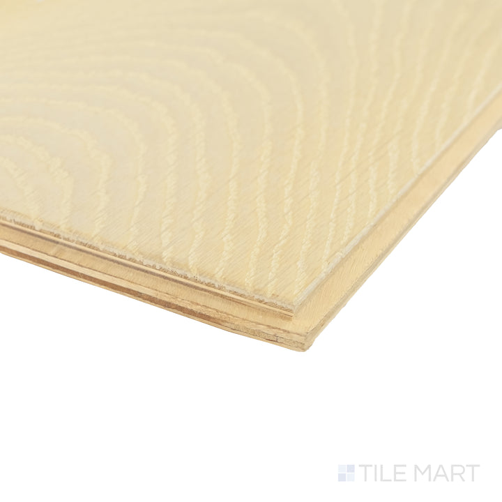 Corner detail of Newport Shell 7.5x75 engineered hardwood capturing pale tone and subtle brushed grain texture.