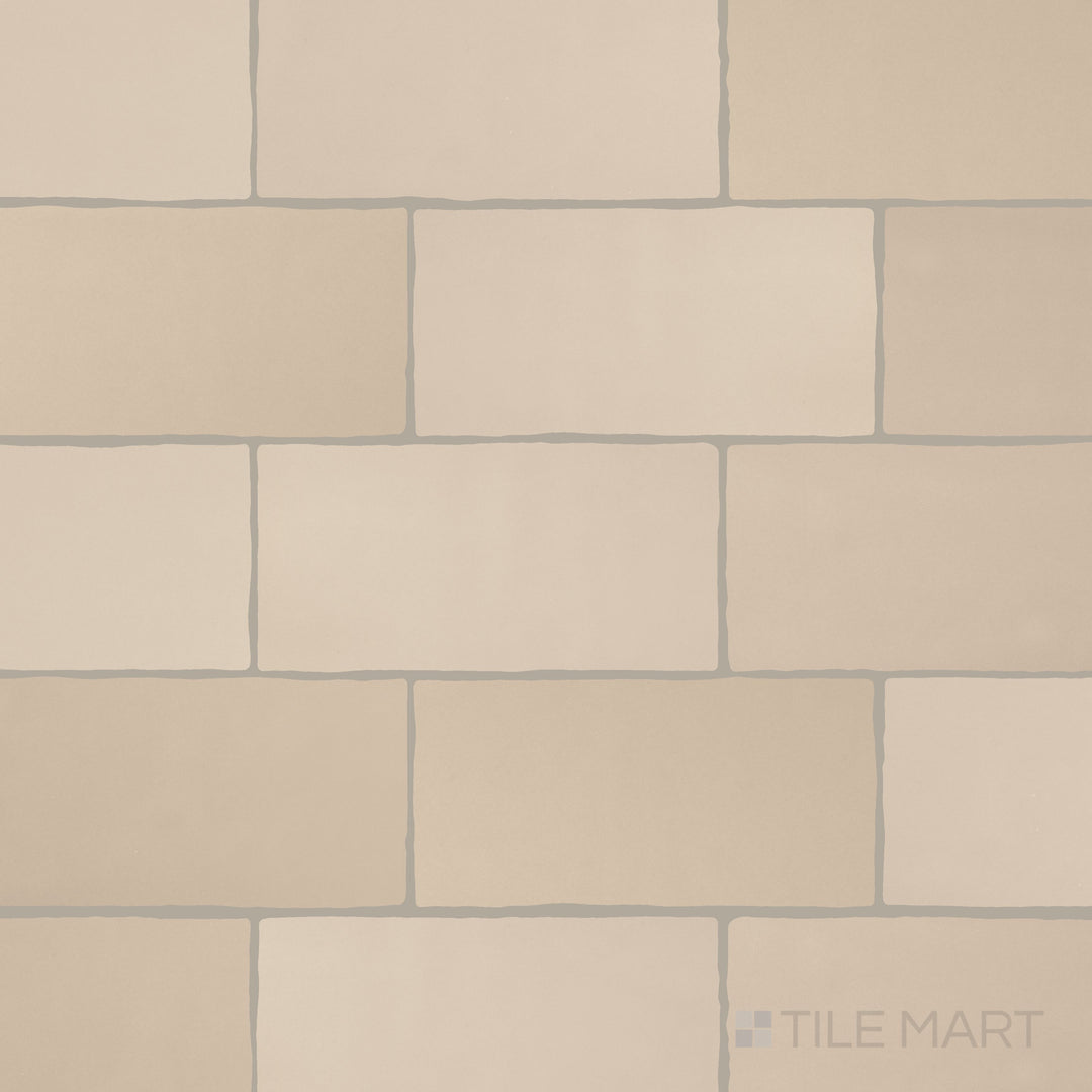 An overview of Farrier Palomino 2.5x5 satin glazed ceramic tiles, emphasizing their warm beige tone and smooth satin surface.