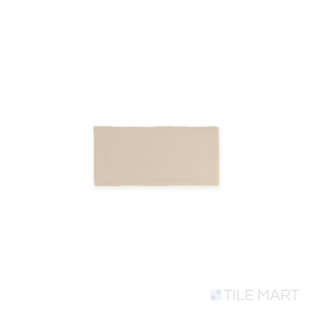 The overhead perspective highlights the Farrier Palomino 2.5x5 satin glazed ceramic tile, showcasing its golden-beige hue and smooth satin finish, ideal for warm and inviting interiors.