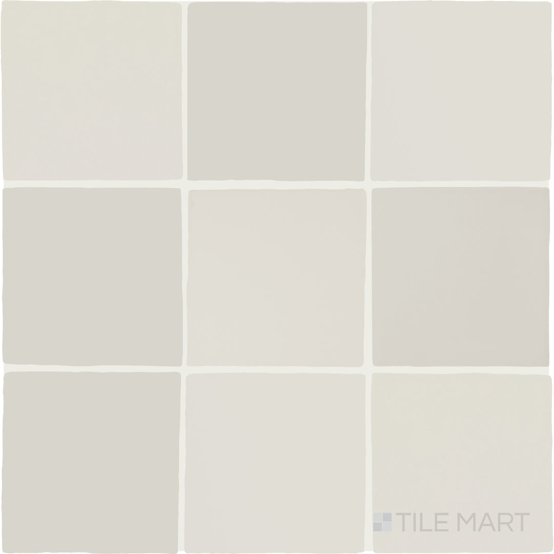 Overhead shot of the Farrier Andalusian Grey 5x5 satin glazed ceramic tile, highlighting its muted grey shade and sleek satin surface.