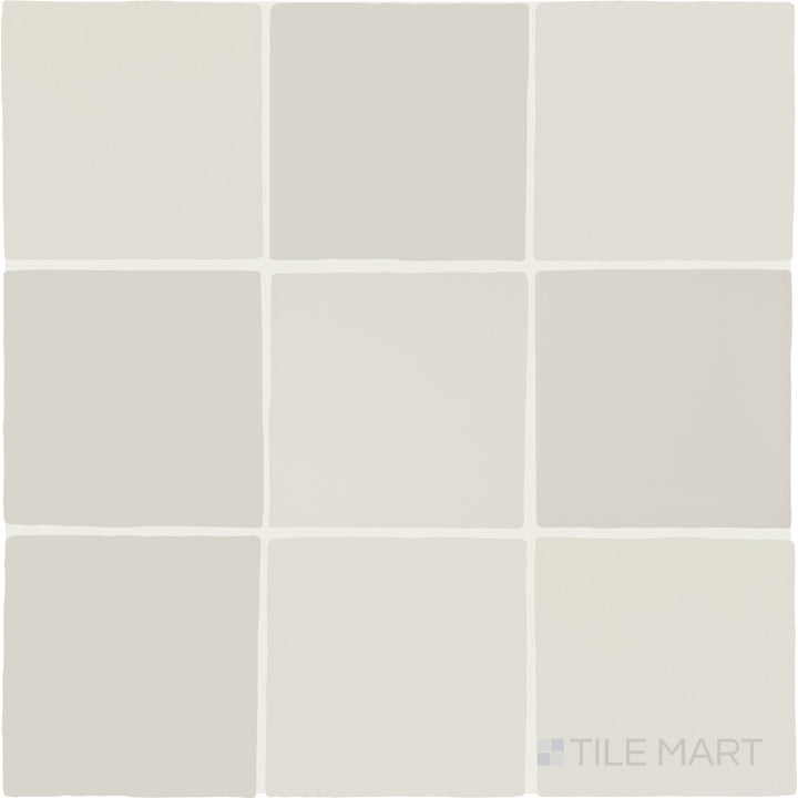 Overhead shot of the Farrier Andalusian Grey 5x5 satin glazed ceramic tile, highlighting its muted grey shade and sleek satin surface.